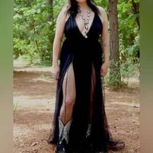 Long Western Black Slit Dress